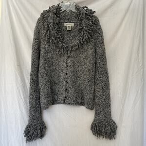 Nine West Cardigan Sweater Women's Size Large Black White Boho Button Up Soft